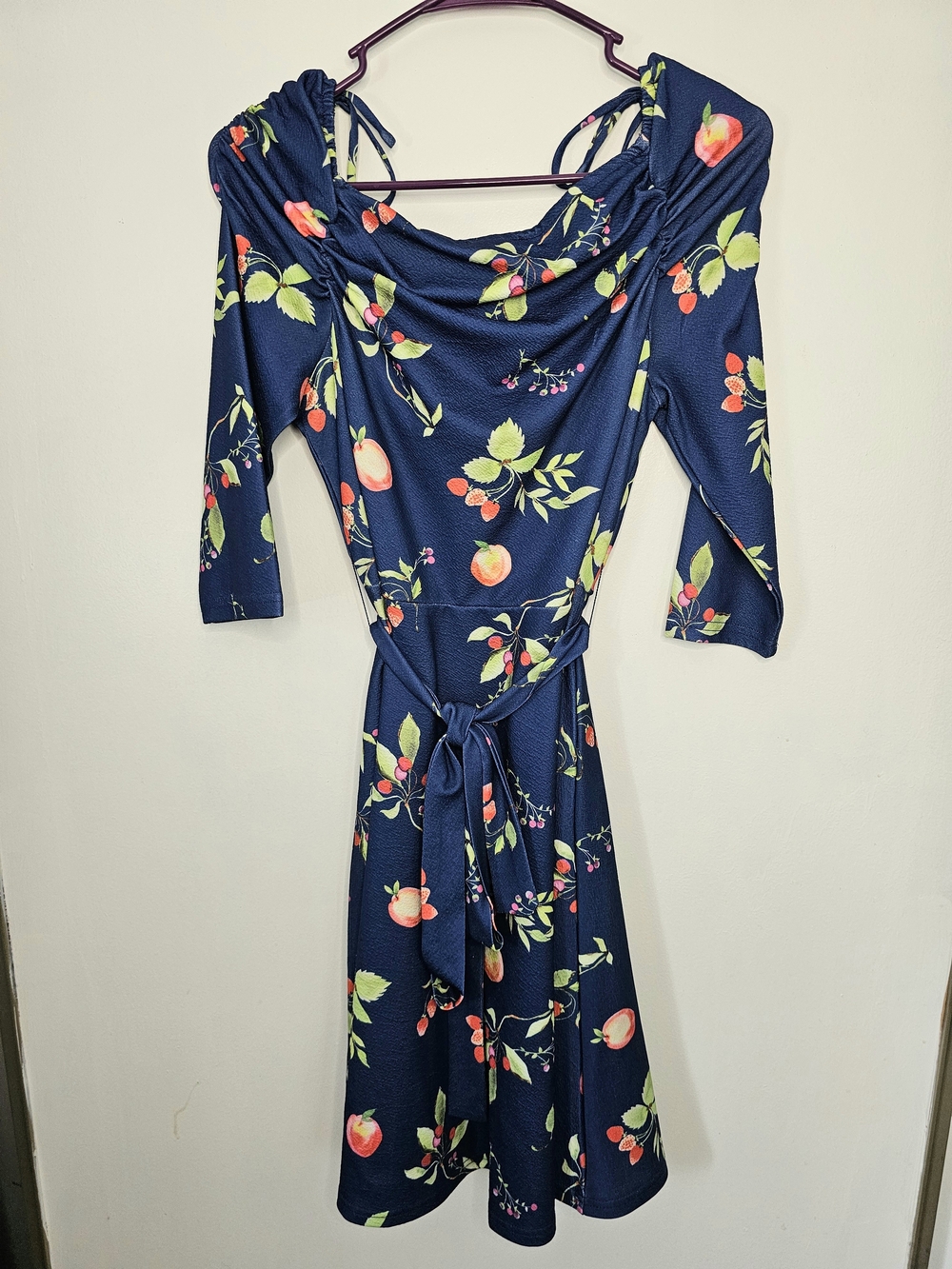 Unique Vintage Fruit Print Midi Dress Size L 10-12 Navy Off Shoulder Cottagecore